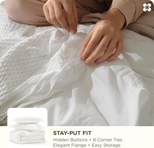 Bedsure PureWoven 3 Pieces 100% Cotton Waffle Weave Duvet Cover Set, White - Image 5