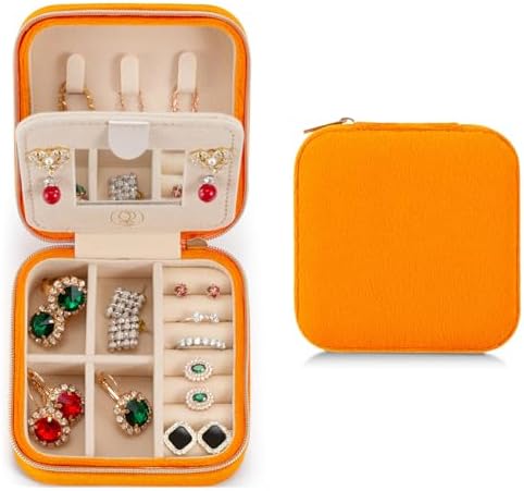 ZPROW Plush Velvet Travel Jewelry Case, Travel Jewelry Organizer, Jewelry Travel Case, Travel Jewelry Box, Small Jewelry Case, Jewelry Travel Box, Earring Organizer with Mirror - Orange by ZPROW