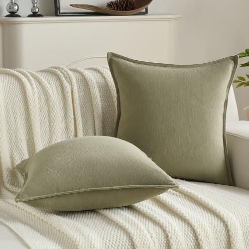 FUTEI Pack of 2 Chenille Throw Pillow Covers 20x20 Inch, Olive Green - Image 5