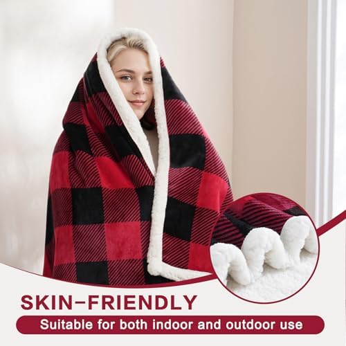 PU MEI Sherpa Fleece Throw Blanket 80" x 90" Reversible Plush Fluffy Large Big Blanket Lattice Flannel Blankets for All Season Use, Red and Black - Image 6