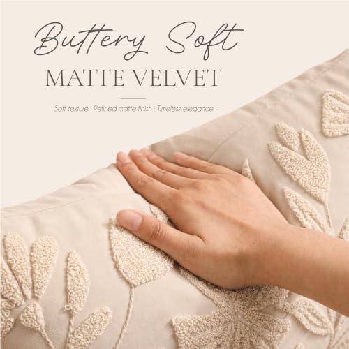 BlissBlush Decorative Throw Pillow Cover 20x20, Beige Neutral Velvet Accent Cushion Cover for Couch Sofa Living Room, Floral Tufted Square Pillowcase (Cover Only) - Image 4
