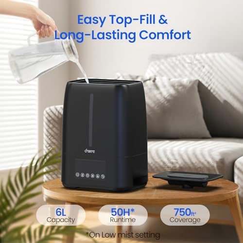 6L Top Fill Ultrasonic Humidifier - Cool and Warm Mist for Bedroom, Baby, Large Rooms & Plants, Smart Humidity Control, Aroma Diffuser, Night Light, 12H Timer, Quiet, Black - Image 2