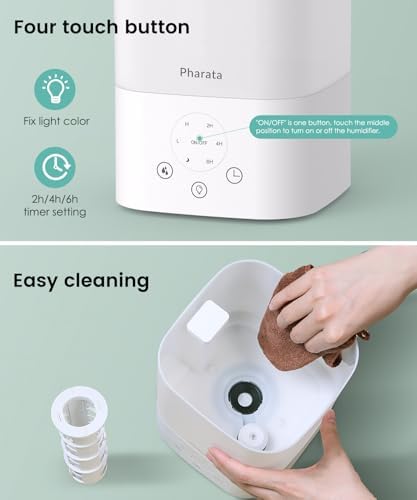 Pharata Humidifiers for Bedroom Home, 3.5L Top Fill Air Cool Mist Humidifiers for Baby Large Room Indoor Plants Nursery, Night Light, White - Image 3