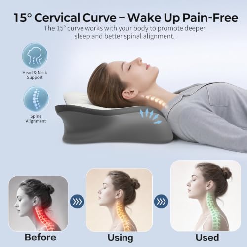 Pain Relief Cervical Neck Pillow, Ergonomic Contour | Q-Max Cooling | Non-Temperature Memory Foam | Side/Back/Stomach Sleeper Support for Sleeping, Reading, Scrolling (Light Grey & Dark Grey) - Image 2