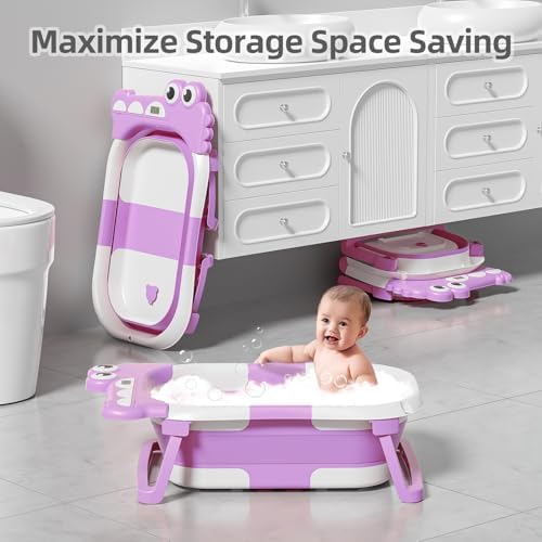 MoreFeel Collapsible Baby Bathtub for Newborn with Thermometer & 1 Hooded Towel & 1 Soft Floating Cushion,Portable Travel Bathtub with Drain Hole, Durable Foldable Baby Tubs for Infants to Toddler - Image 5