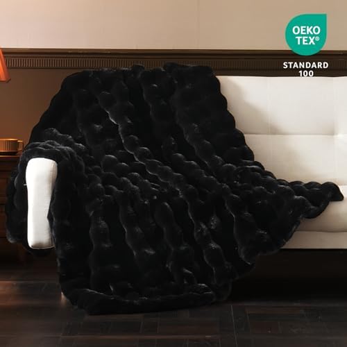 BENVWE Faux Fur Throw Blanket for Couch Bed - Fluffy Soft Thick Bubble Blanket for Living Room Home Decor - Fathers Day Birthday Gifts for Women Men, Black, 60" x 80" - Image 3