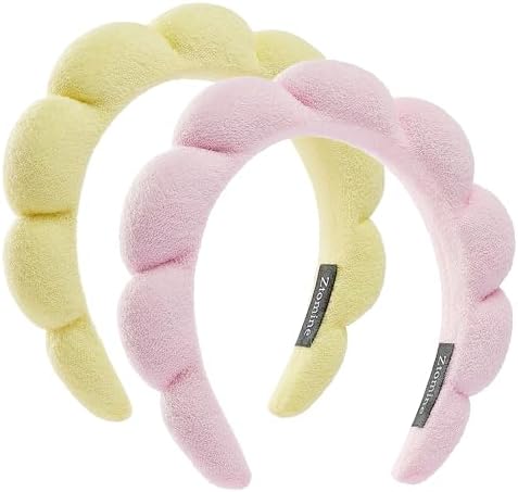 Ztomine Spa Terry Cloth Headbands for Face Washing - Set of 2 Puffy Makeup Headbands, Mask (Pink + Light Yellow) by Ztomine