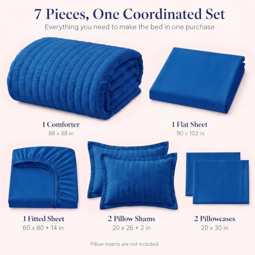 CozyLux Queen Comforter Set, 7 Pieces Classic Blue Seersucker Bed in a Bag - Image 2