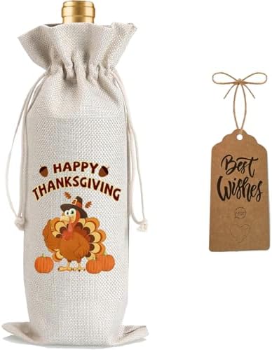 1Pcs Happy Thanksgiving Wine Bag Thanksful Gifts Wine Bag, with 1Pcs Kraft Blessing Cards and natural jute rope by Yourloveisourmotivation%EF%BC%81
