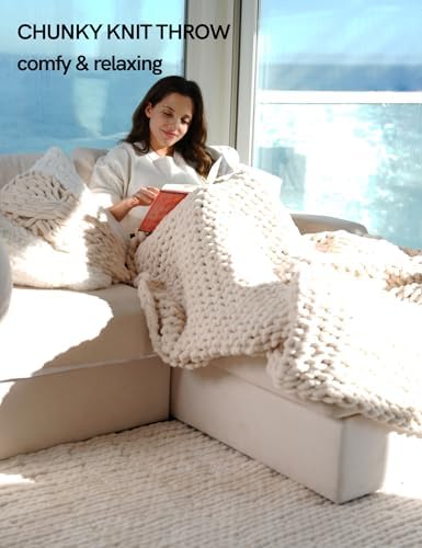 YnM Chunky Throw Blanket, Hand Knitted with Chenille Yarn, Skin Friendly, Ventilated and Breathable, Machine Washable, Home Décor Piece for Couch, Sofa and Bed (Butter Cream, 40x50 Inch) - Image 2