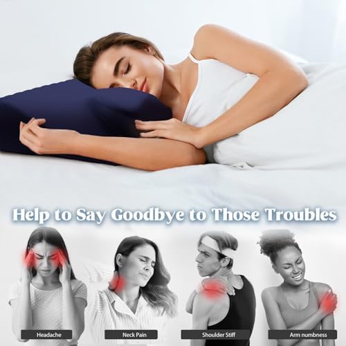 Cooling Contour Memory Foam Pillows Support Odorless Ergonomic Neck Pillow Adjustable Orthopedic Bed Pillow for Side Back Stomach Sleeper Cervical Pillow for Neck Pain Relief,with Pillowcase,Navy - Image 4
