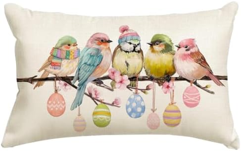 RABUSOFA Easter Pillow Covers 12x20 inch Easter Decorations for Home Pink Birds Colorful Eggs Lumbar Throw Pillows for Bedroom Sofa Holiday Festivals Decor by RABUSOFA