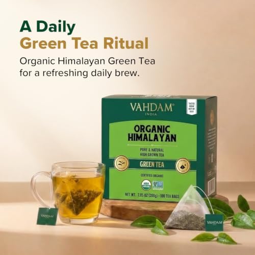 VAHDAM, Organic Himalayan Green Tea (100 Count) High Grown, Non GMO, Gluten Free, Low Caffeine | Earthy & Smooth | Resealable & Plant-Based Pyramid Tea Bags - Image 2