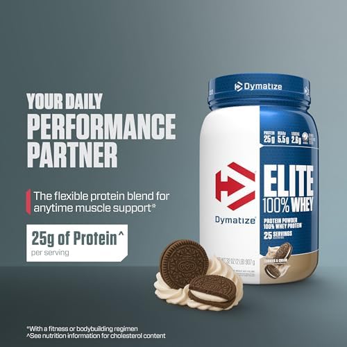 Dymatize Elite 100% Whey Protein Powder, Cookies & Cream, 25g of Protein, 5.5g BCAAs, Less Than 140 Cal., Gluten Free, 3g Carb, 2g Sugar, 3g Fat (25 Servings) - Image 2