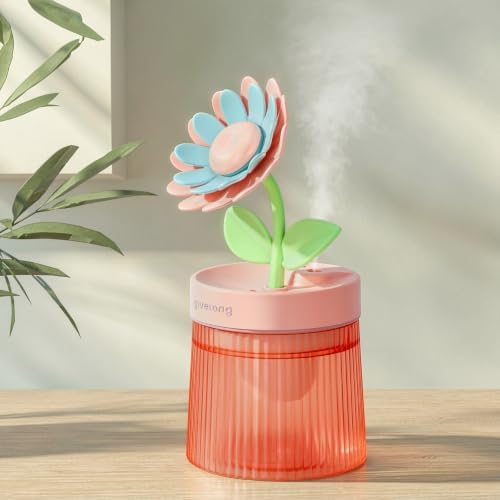 Cute Flower Mini Humidifier, Small Cool Mist Desk Humidifiers, Portable USB Personal Desktop Plant Humidifiers, Cooling for Home Office Car Travel Indoor Outdoor (260ml, Pink Sunflower) by Cerrota