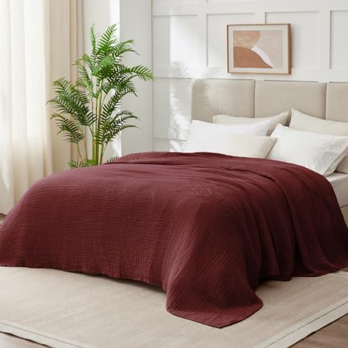 100% Cotton Muslin Blanket Queen 90" x 90", 6 Layers Breathable and Lightweight Cotton Throw Blankets for Bed, Soft Cooling Summer Gauze Blanket for Adults All Season, Burgundy - Image 2
