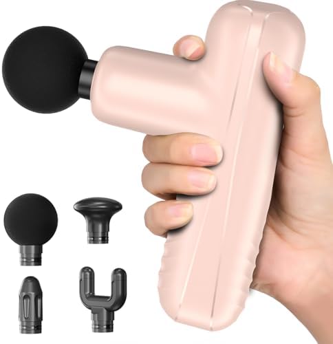 Mini Massage Gun, Powerful Handheld Muscle Massager for Muscle Relaxation, Deep Tissue Percussion Small Massage Gun Travel Massager with 4 Massage Heads Silent Brushless Motor, Pink by PENJOY