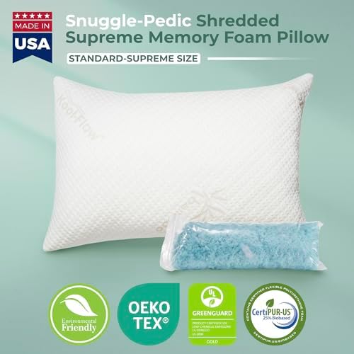 Snuggle-Pedic Adjustable Gel Cooling Pillow - Shredded Memory Foam Pillows for Side, Stomach & Back Sleepers - Keeps Shape - College Dorm Room Essentials for Girls and Guys - Standard - Image 2