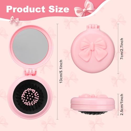 12 Pcs Pink Coquette Bow Mini Hair Brushes Folding Mirror Coquette Detangler Brush Bulk Round Compact Massage Scalp Comb for Purse Women Travel Team Gifts Trendy Stuff Party Favors - Image 2