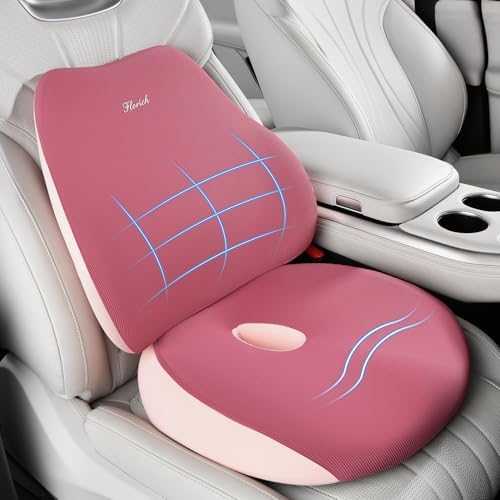 FLORICH Car Seat Cushion and Lumbar Support Pillow, Ergonomic Memory Foam Driving Seat Cushions for Back & Sciatica Pain Relief, Non-Slip Cushion for Car, Office, Truck, Wheelchair, Gaming Chair-Pink by FLORICH
