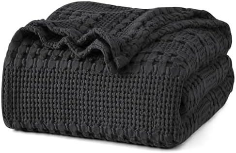 PHF Lightweight 100% Cotton Waffle Blanket for Bed, King, Black by PHF