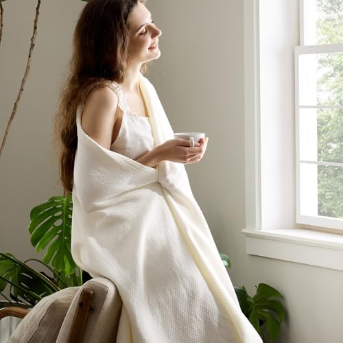 Bedsure 100% Cotton Blanket, Herringbone Weave, Throw XL, Cream - Image 4