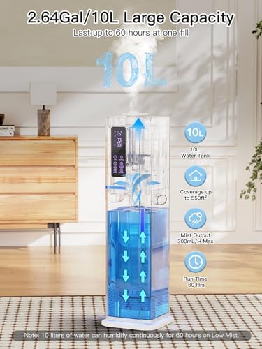 10L/2.64Gal Humidifiers for Bedroom, Top Fill Quiet Ultrasonic Cool Mist Humidifier Large Room, Covers 550ft², 60H Runtime, 24H Timer, 3 Mist Modes Humidifiers for Home, Office, Plants, White - Image 2