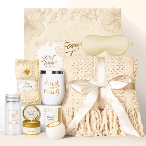Gift Basket for Women, Self Care Set with Knitted Throw - Care Pkg - Beige by Unknown