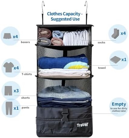 Grand Fusion Stow-N-Go Hanging Travel Shelves, Packing Organizer for Luggage. Carry on Closet for Suitcase. Expandable Packing Cube. Travel Essentials. (Black - L, L = (L) 11.8" x (W) 11.8") - Image 3