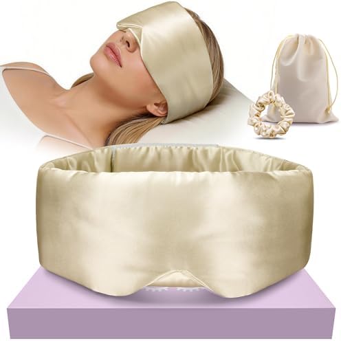 Silk Sleep Mask 22 Momme 100% Mulberry Silk & 3.5cm Silk Hairband Set for Side Sleeper Women Men,Light Blocking Nose Pad, Adjustable Silent Strap,Eye Mask fo Home & Travel Use (Khaki) by NUOJIA