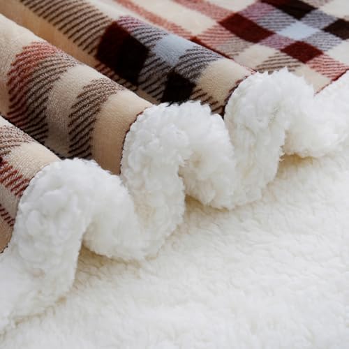 PU MEI Sherpa Fleece Throw Blanket 80" x 90" Reversible Plush Fluffy Large Big Blanket Lattice Flannel Blankets for All Season Use, Beige Stripe - Image 6