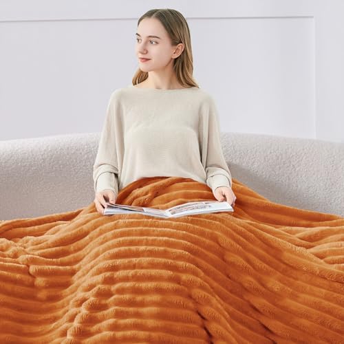 BEDELITE Ribbed Fleece Fall Twin Blanket, Burnt Orange, 60"x80" - Image 2