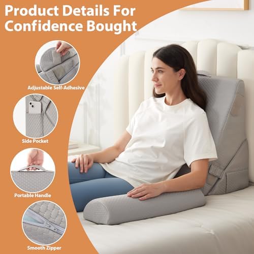 BIEEZZK 4PCS Wedge Pillow Set for After Surgery, Back Pillow for Bed Sitting up, 9&12inch Adjustable Memory Foam Bed Wedges, Pillow Wedge for Acid Reflux, Back Pain Relief, Snoring, Grey - Image 4