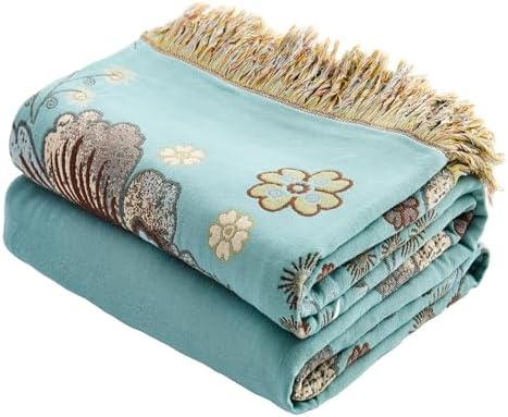 VANJOROY King Boho Throw Blanket 91" x 98", 100% Organic Cotton Breathable Skin-Friendly Ultra Soft Bed Quilt Blue Throw - Floral Rustic Decor Luxury Reversible Blanket for Sofa Couch Chair and Gift by CHOOSEVANJOROYENJOYAMORECOMFORTABLEFEELING