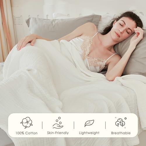 EMME Cotton Muslin Large Throw Blanket Couch Breathable Gauze Soft Lightweight Bed Blankets Adults (White,50"x70") - Image 3