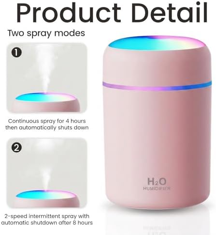 Portable Colorful Cool Mini Humidifier,Aroma Essential USB Personal Desktop Humidifier, for Bedroom, Office & Car(300ml, White) (pink) - Image 3