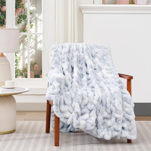 Touchat Ruched Rabbit Faux Fur Blanket Twin, Fluffy Soft Cozy,Tie-dye Blue - Image 6
