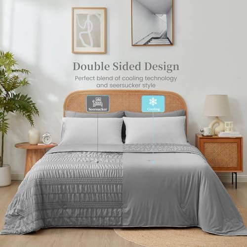 Cozy Bliss Seersucker Cooling Comforter Twin Size, Q-Max 0.45 Reversible Lightweight Cooling Throw Blanket, Breathable Silk Smooth Summer Bedding Quilt for Hot Sleepers Night Sweats Dark Grey - Image 5