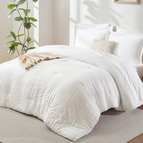 CozyLux California King Comforter Set 7-Piece White Seersucker Bed in a Bag by CozyLux