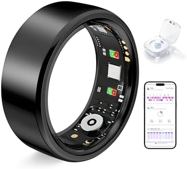 Smart Ring for Women Men Fitness Tracker Heart Rate Sleep Trends 128 Sports Modes Gesture Control Cycle Tracking IP68 Waterproof No Subscription Compatible with iPhone Android (Black, Size 11) by Unknown