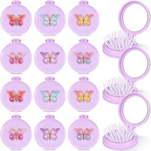 12 Pcs Purple Butterfly Mini Hair Brushes Folding Mirror Coquette Detangler Brush Bulk Round Compact Massage Scalp Comb for Purse Women Travel Team Gifts Trendy Stuff Party Favors by Yiyiring