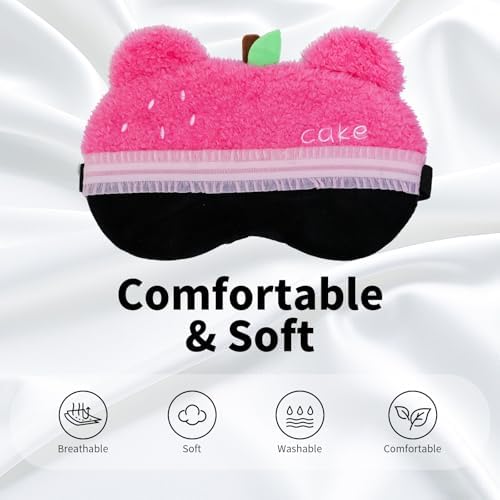PERFECTSIGHT Sleep Eye Masks, Cute Bear Plush Sleep Eye Cover Lightweight Adjustable Eyeshade Faux Fur Mask Cover for Women Men Kids Sleep Travel Nap, Rose Pink Cake - Image 2
