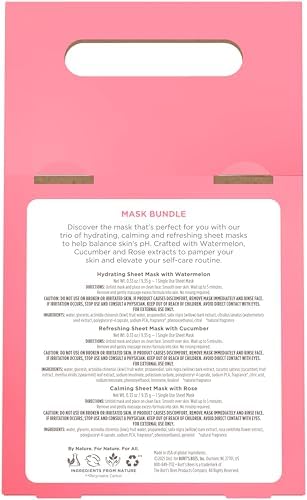Burt's Bees Mothers Day Gifts, Face Mask Bundle Set, Hydrating Watermelon, Calming Rose, & Refreshing Cucumber, Face Sheet Masks for Single Use Skin Care, 99% Natural Origin, 3 Count, 0.33oz Each - Image 6