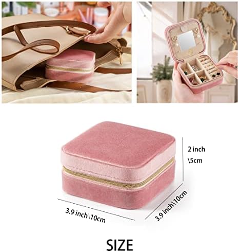 ZPROW Plush Velvet Travel Jewelry Case, Travel Jewelry Organizer, Jewelry Travel Case, Travel Jewelry Box, Small Jewelry Case for Women, Jewelry Travel Box, Earring Organizer with Mirror - Pink - Image 5