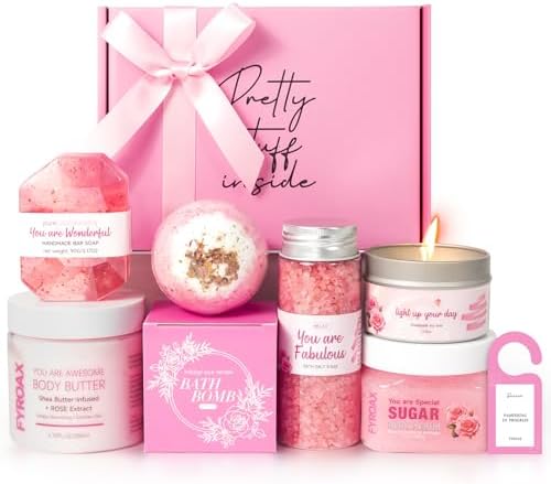 Spa Gifts for Women 7 Pcs Home Spa Kit Rose Gifts for Woman,Spa Gift Baskets Self Care Gifts Spa Gift for Women Birthday,Mothers Day Basket Easter Christmas Bath Set by Fyroax
