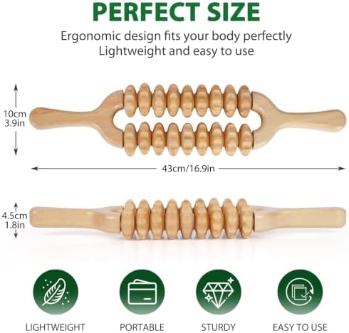 Liitrton Manual Wooden Massage Roller Stick for Muscle Relief, 18-Wheel - Image 2