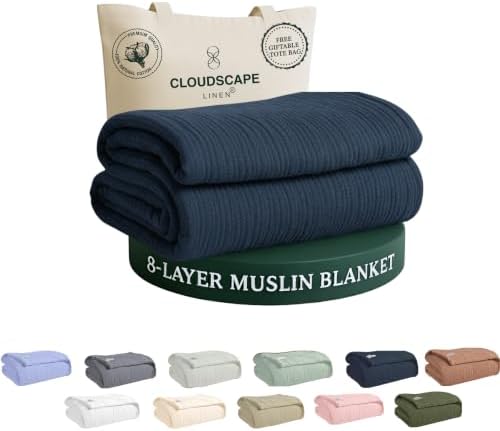 CLOUDSCAPE 8 Layer 100% Muslin Cotton Blanket Queen, 92"x92" - Ensign Blue by CloudScapeLinen