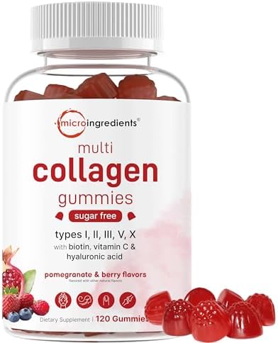 Micro Ingredients Multi Collagen Peptides, 120 Collagen Gummies | Type I,II,III,V,X Protein with Biotin, Hyaluronic Acid, & Vitamin C Complex | Pomegranate & Berry Flavored | Sugar Free, Non-GMO by MicroIngredients