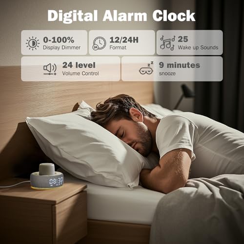 White Noise Machine with Smart Alarm Clock, 25 Soothing Sounds, Portable Sleep Sound Machine Aid for Baby, Kids, Adults, Office, Dimmable Timer, 7 Night Light Colors for Privacy Bedroom, Gray - Image 4