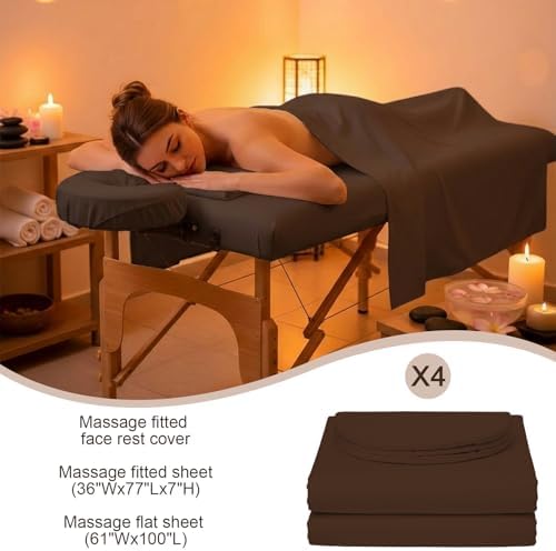 Oudain 4 Sets 3 Piece Soft Microfiber Massage Table Sheets Set Bulk Includes Massage Flat Sheet and Fitted Sheet and Face Rest Cover(Chocolate) - Image 2